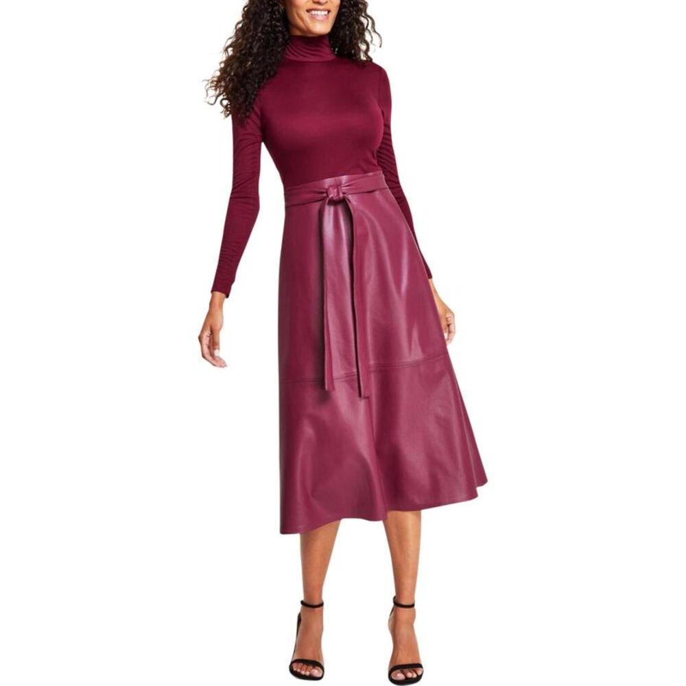 Anne Klein Womens Mixed Media Mock Neck Fit & Flare Dress, Purple, 10, DM